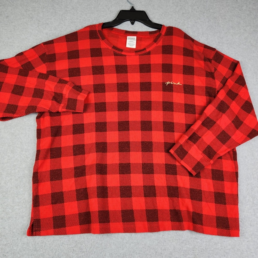 PINK Sleep Top Womens 2XL Red Buffalo Plaid Waffle Knit Thermal Soft Long Sleeve